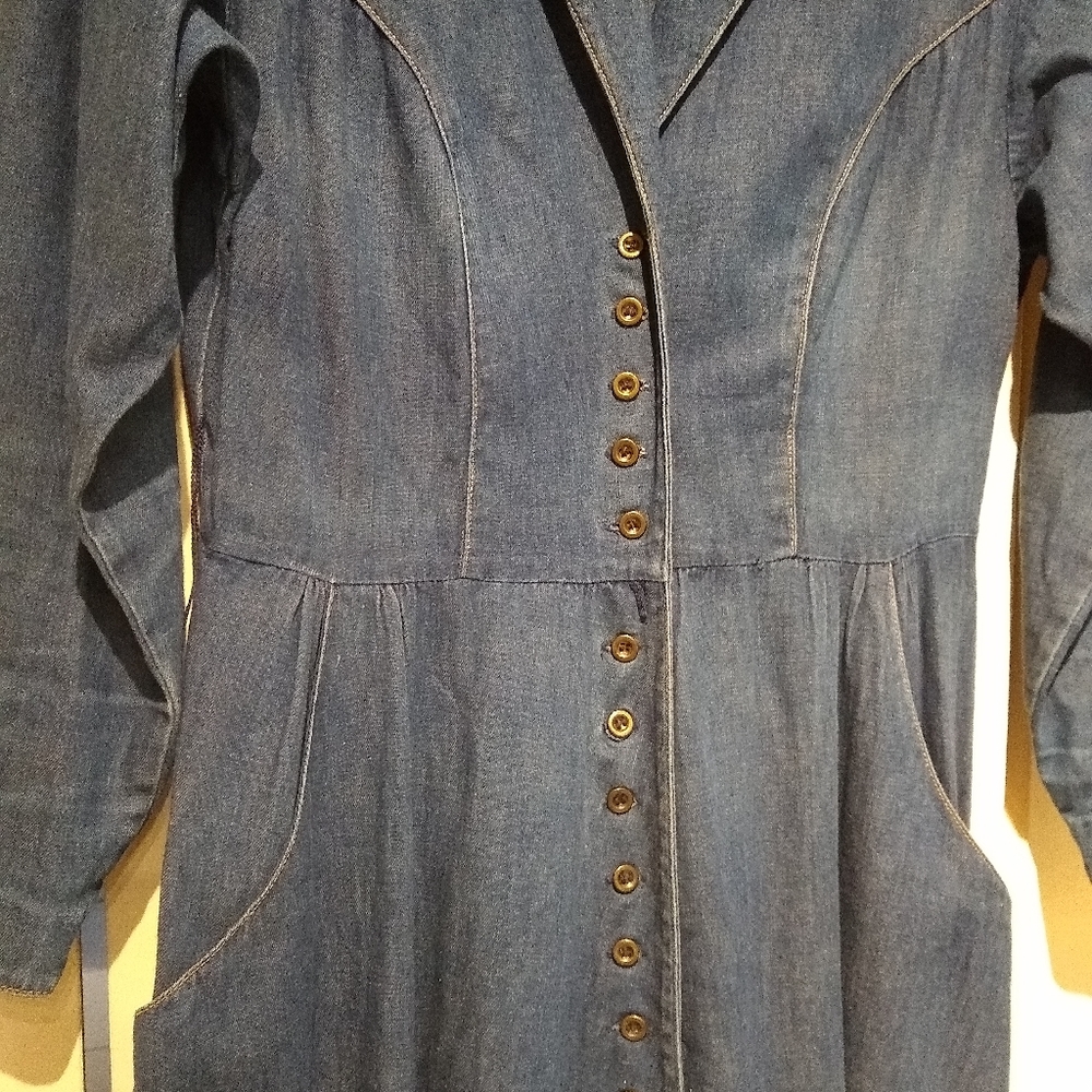 Vintage 80's denim dress, pockets long sleeve - Picture 4 of 4